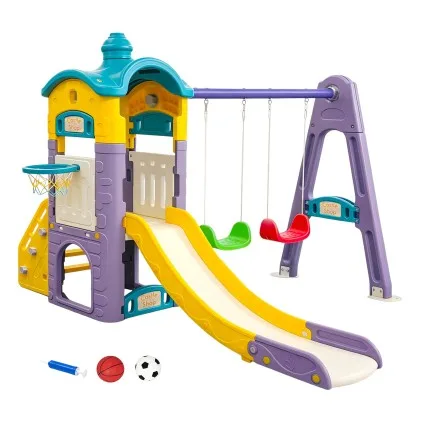 Keezi Kids 4-in-1 Slide Swing Set with Double Swing, Basketball Hoop, Playhouse and 140 cm Extended Slide