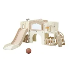 Keezi Kids 6-in-1 Indoor Slide Set for Toddlers Beige with Drawing Board Basketball Hoop and Playhouse