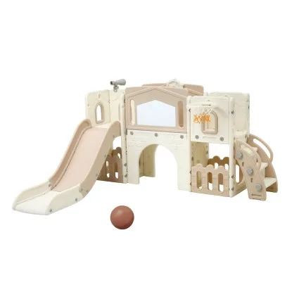 Keezi Kids 6-in-1 Indoor Slide Set for Toddlers Beige with Drawing Board Basketball Hoop and Playhouse