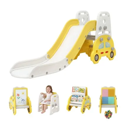 Keezi Kids Slide Set Indoor Playset with Drawing Board and Building Block Table Yellow