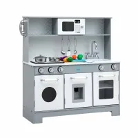 Keezi Wooden Play Kitchen Pretend Kitchen 82.8cm with Microwave Oven Sink and Food Set Grey and White