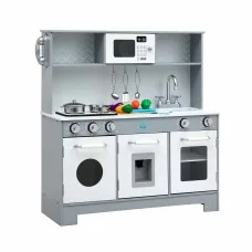 Keezi Wooden Play Kitchen Pretend Kitchen 82.8cm with Microwave Oven Sink and Food Set Grey and White