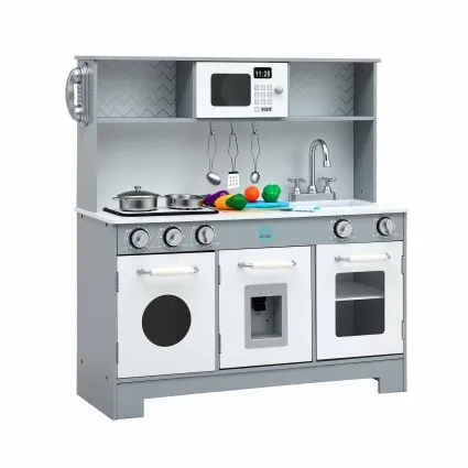 Keezi Wooden Play Kitchen Pretend Kitchen 82.8cm with Microwave Oven Sink and Food Set Grey and White