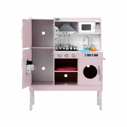 Keezi 102cm Wooden Pretend Kitchen Playset with Light-Up Stove, Food Set, Apron and Chef Hat, Pink