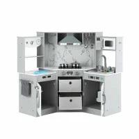 Keezi 112cm Wooden Pretend Kitchen Playset with Sink Stove Microwave and Storage Grey and White for Kids Keezi 112cm Wooden Pretend Kitchen Playset with Sink Stove Microwave and Storage Grey and White for Kids