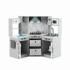 Keezi 112cm Wooden Pretend Kitchen Playset with Sink Stove Microwave and Storage Grey and White for Kids