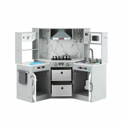 Keezi 112cm Wooden Pretend Kitchen Playset with Sink Stove Microwave and Storage Grey and White for Kids