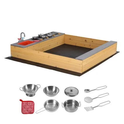 Keezi Wooden Sandpit and Mud Kitchen 2-in-1 Outdoor Play Station Fir Wood Sink Tap Stove Knobs Storage