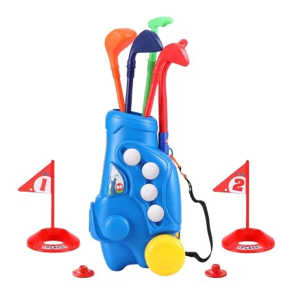 Keezi Kids Golf Set 2-in-1 Pull Cart 4 Clubs 4 Balls 2 Practice Holes Portable Play Set Ages 2-6 (Blue)