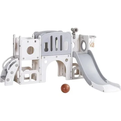 Keezi 3-in-1 Kids Slide Swing Set with Ball Hoop, Telescope and Storage, HDPE Outdoor Play Centre, 176x147x97cm
