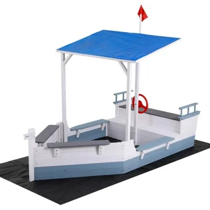 Keezi Kids Sandpit Boat with Canopy—Durable Timber, UV Protection, Adjustable Sand Depth, 210x110x159cm, Ages 3-6