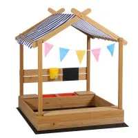 Keezi Wooden Kids Sandpit Sandbox with Canopy, Water Basins, Funnel, Drawing Board, 146cm Outdoor Play Set
