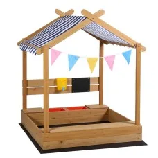 Keezi Wooden Kids Sandpit Sandbox with Canopy, Water Basins, Funnel, Drawing Board, 146cm Outdoor Play Set