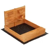 Keezi Kids Wooden Sandpit with Cover, Funnel & Benches - 120cm Outdoor Sandbox, Treated Firwood, EN71 Certified