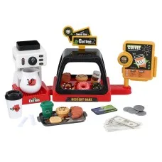 Keezi Kids Pretend Play Coffee Shop Set with Coffee Maker, Play Money, and Food - Durable Plastic, 44x13x20CM, Ages 3+