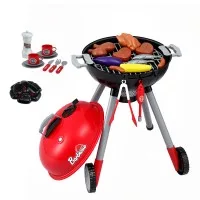 Keezi Kids Pretend BBQ Play set with Simulated Charcoal Lights Play Food Wheels Multicolour Role Play Toy