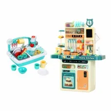 Keezi 2 Piece Pretend Kitchen and Washing Playset with Lights Sounds and Water Cycle for Kids Multicoloured