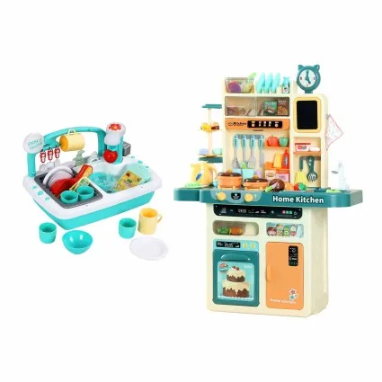 Keezi 2 Piece Pretend Kitchen and Washing Playset with Lights Sounds and Water Cycle for Kids Multicoloured