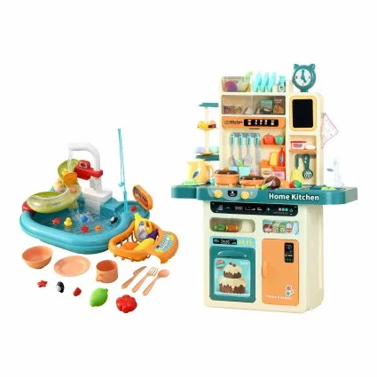 Keezi 2 Piece Kids Pretend Kitchen and Water Fishing Playset with Steam Light and Sound Functions