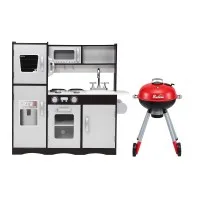 Keezi Wooden Kids Kitchen and BBQ Playset 86x30x80cm with Fridge Oven Sink Stove and Accessories 3+ Years