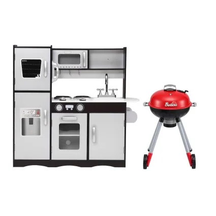 Keezi Wooden Kids Kitchen and BBQ Playset 86x30x80cm with Fridge Oven Sink Stove and Accessories 3+ Years