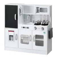 Keezi Kids Wooden Kitchen Play Set - 80CM, Solid Wood, Non-Toxic, Includes Cooking Accessories, Oven, Blackboard, White