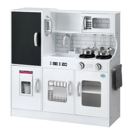 Keezi Kids Wooden Kitchen Play Set - 80CM, Solid Wood, Non-Toxic, Includes Cooking Accessories, Oven, Blackboard, White