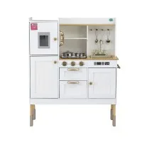 Keezi Kids Kitchen Play Set: Wooden Pretend Cooking Toys with Storage, Detachable Sink & Golden Accents, 81x29x101cm