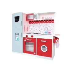 Keezi Kids Wooden Kitchen Play Set - Pretend Cooking Toys, Red/Pink, Solid Wood, 105x31x97cm, EN71 Certified, Ages 3+