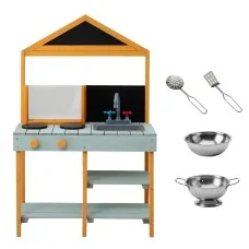Keezi Kids Mud Kitchen Outdoor Wooden Play Kitchen with Sink Two Stoves Double Blackboards 110.5cm Net