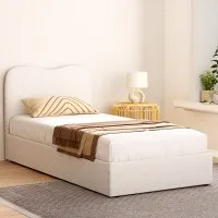 Artiss Bed Frame Single Size Boucle Fabric Beige 203x98x92cm - Stylish Wooden Slat Support with Padded Headboard
