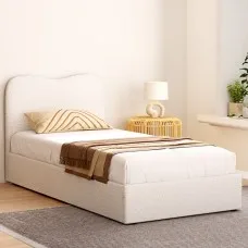Artiss Bed Frame Single Size Boucle Fabric Beige 203x98x92cm - Stylish Wooden Slat Support with Padded Headboard