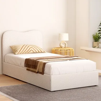 Artiss Bed Frame Single Size Boucle Fabric Beige 203x98x92cm - Stylish Wooden Slat Support with Padded Headboard