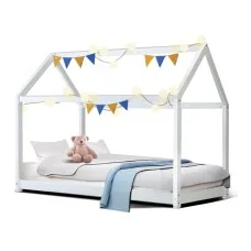 Artiss CASA White Wooden Kids House Bed Frame - Solid Pine, Eco-Friendly Paint, Fits Australian Single Mattress