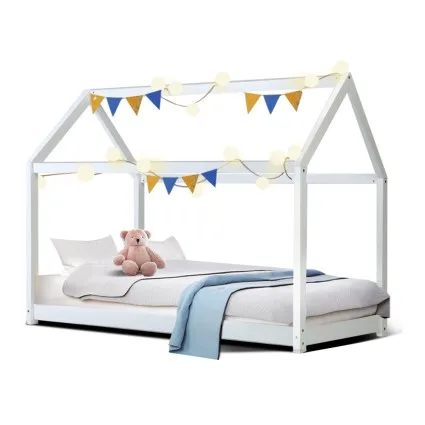 Artiss CASA White Wooden Kids House Bed Frame - Solid Pine, Eco-Friendly Paint, Fits Australian Single Mattress