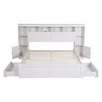 Artiss Queen Bed Frame with Storage Bookcase Headboard USB Type-C Ports Drawers White 250kg