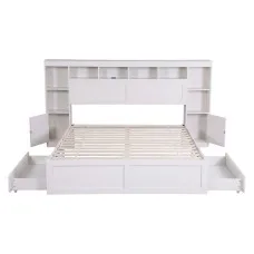 Artiss Queen Bed Frame with Storage Bookcase Headboard USB Type-C Ports Drawers White 250kg