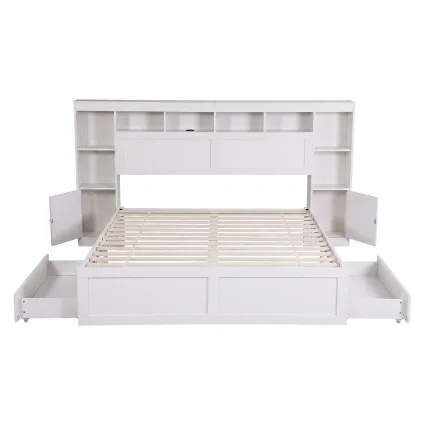 Artiss Queen Bed Frame with Storage Bookcase Headboard USB Type-C Ports Drawers White 250kg