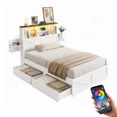 Artiss Single Bed Frame with Storage Drawers and Bookcase Headboard White