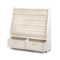 Keezi 4-Tier Kids Bookshelf & Magazine Rack with Storage Bins, Eco-Friendly MDF, 71x23x74cm, White - Child-Safe Design