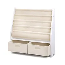 Keezi 4-Tier Kids Bookshelf & Magazine Rack with Storage Bins, Eco-Friendly MDF, 71x23x74cm, White - Child-Safe Design