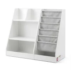 Keezi Kids Bookshelf and Storage Organiser with 6 Book Slings White 3-Tier Shelves and Fabric Drawer