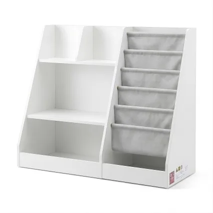 Keezi Kids Bookshelf and Storage Organiser with 6 Book Slings White 3-Tier Shelves and Fabric Drawer