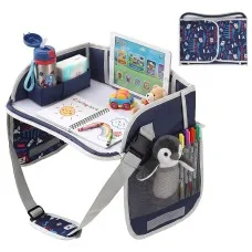 Keezi Kids Travel Tray Portable Car Seat Lap Desk Organiser with Tablet Holder for Car and Airplane Blue