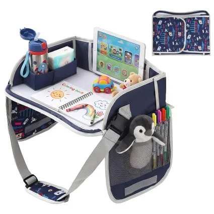 Keezi Kids Travel Tray Portable Car Seat Lap Desk Organiser with Tablet Holder for Car and Airplane Blue