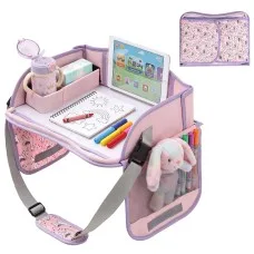 Keezi Kids Travel Tray Car Seat Lap Desk Portable Car and Airplane Organiser with Tablet Stand and Cup Holder Pink