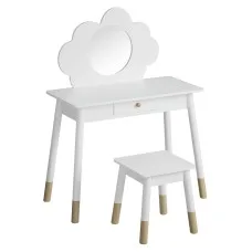 Keezi Kids Dressing Table & Chair Set - White Vanity with Mirror, Drawer, MDF & Rubberwood, Safe Rounded Corners