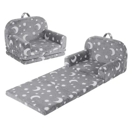 Keezi Kids 2-in-1 Fold Out Sofa Bed with Washable Cover Glow in the Dark Storage Pocket Grey