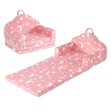 Keezi Kids 2-in-1 Fold Out Sofa Bed with Washable Cover, Glow Pattern, Storage Pocket and Carry Handle Pink
