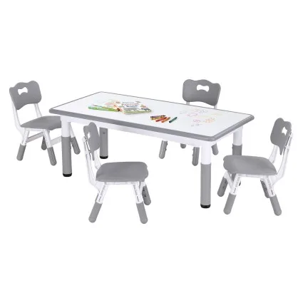 Keezi Kids Adjustable Table and 4 Chairs Set Height Adjustable Draw on Desktop Grey White 3+ yrs Comfortable